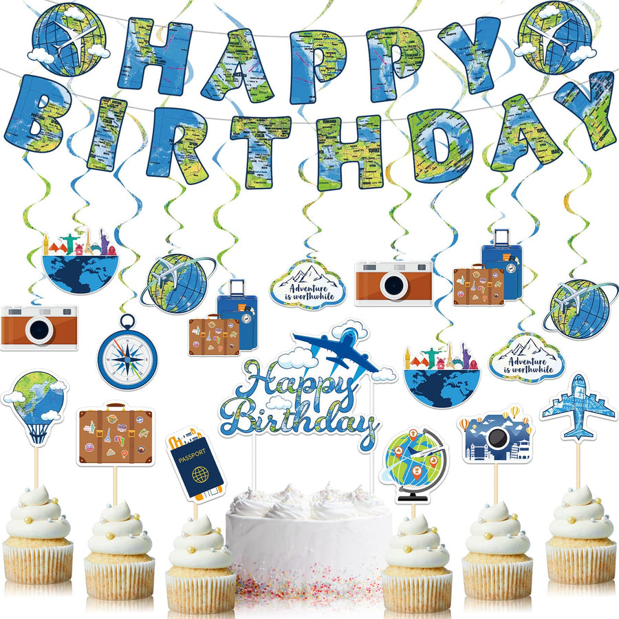 38 Pieces Travel Theme Birthday Party Decorations The Place You'll Go Birthday Banner Let The Adventure Begin Hanging Swirls Bon Voyage Cake Toppers for Birthday Baby Shower Party Supplies