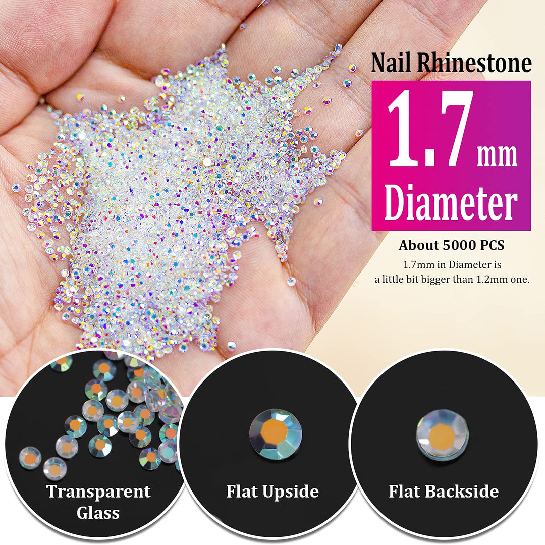 5000PCs 1.7mm Mini AB Glass Crystals for Nail Art Manicure Iridescent Long Lasting Like Swarovski Shine Rhinestone Bead Gem Jewelry Diamond