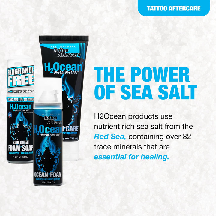 Ultimate Tattoo Care Kit for a Faster Heal - Tattoo Skincare Regimen - 1.7 oz Blue Green Foam Soap, 2.5 oz Ocean Care Skin Moisturizing Cream & 2 oz Ocean Foam Skin Moisturizing Soap