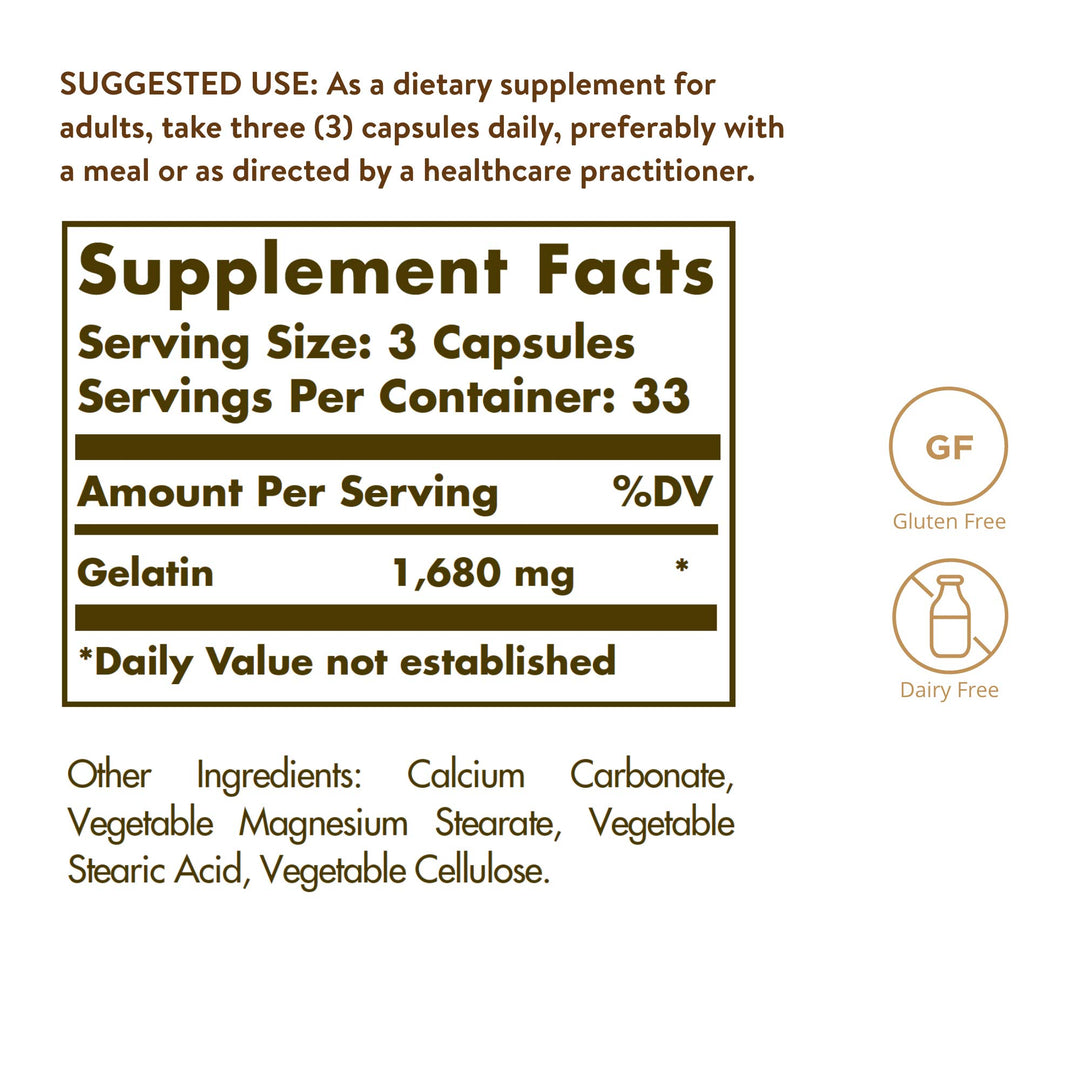 Solgar Gelatin 1680 mg, 100 Capsules - Natural Gelatin - Supports Bone, Joint & Skin Health - Gluten Free, Dairy Free - 33 Servings