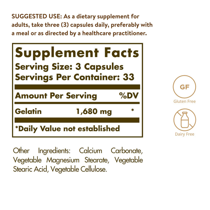 Solgar Gelatin 1680 mg, 100 Capsules - Natural Gelatin - Supports Bone, Joint & Skin Health - Gluten Free, Dairy Free - 33 Servings