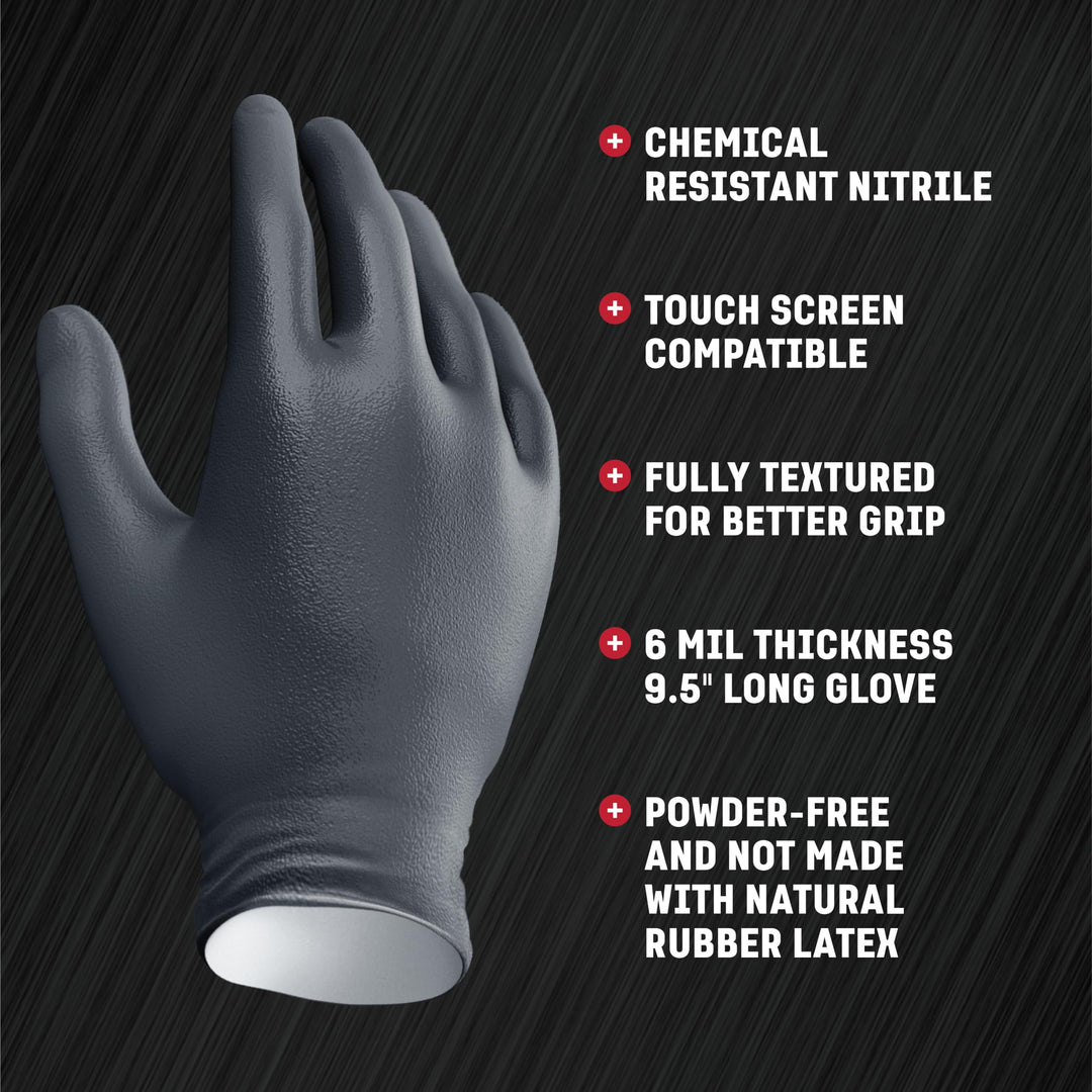 Industrial Nitrile Gloves, Chemical Resistant Disposable Black Gloves, Latex-Free, Powder-Free, Textured Grip, Heavy Duty Two-Layer Protection, 6 mil, One Size Fits Most, 100 Count