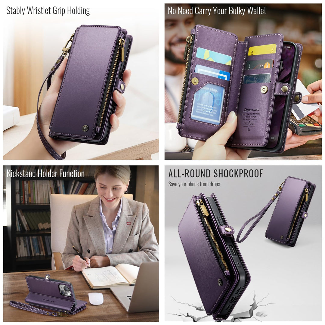 Compatible with iPhone 13 Case Wallet with Card Holder for Women and Men, PU Leather Magnetic Snap Flip Zipper Strap Wallet Phone Case Fit for iPhone 13 6.1, Fashion Black