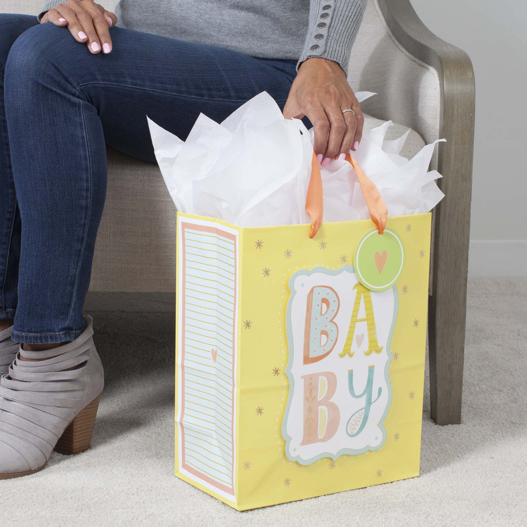 13 Large Gift Bag with Tissue Paper (B-A-B-Y, Yellow) for Baby Showers, New Parents and More