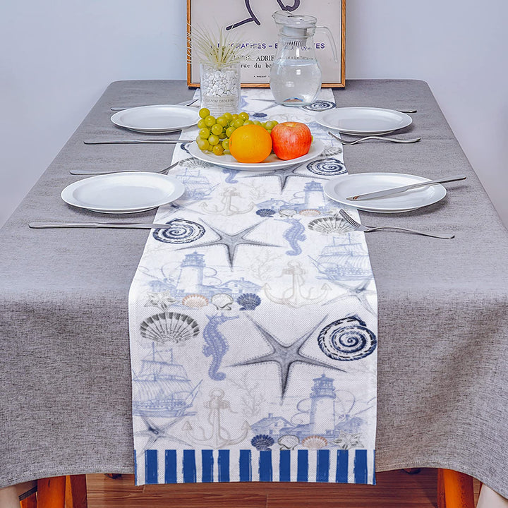 13 x 70 inches Table Runner Cotton-Polyester Blend, Ocean Marine Theme Nautical Sea Animals Retro Blue Table Runner for Table Decorations, Indoor Outdoor Parties, Farmhouse & Family Gathering, 1 Pack