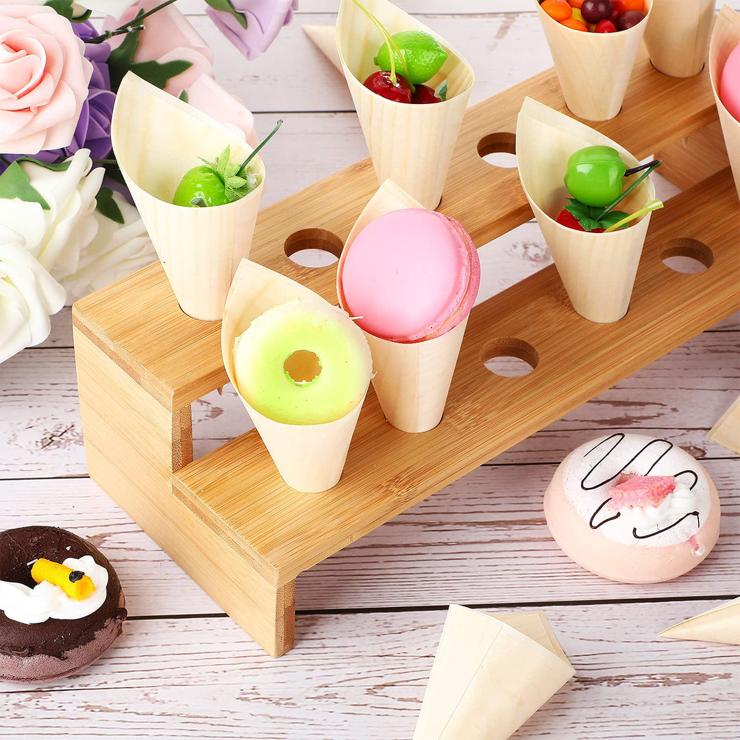 100 Pcs Disposable Wooden Food Cones with 12 Holes Food Cone Display Stand Cone Holder for Charcuterie, Ice Cream, Catered Events, Party or Buffets