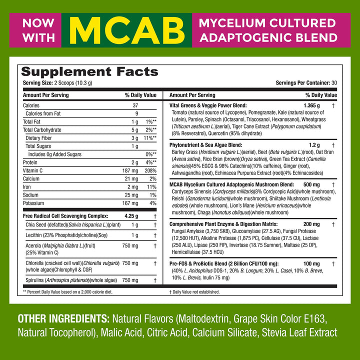 Nutrition’s Green Supreme Fusion Blend Antioxidant: Super Greens Smoothie Mix with Spirulina, Chlorella, Adaptogenic Mushrooms, 30 Servings