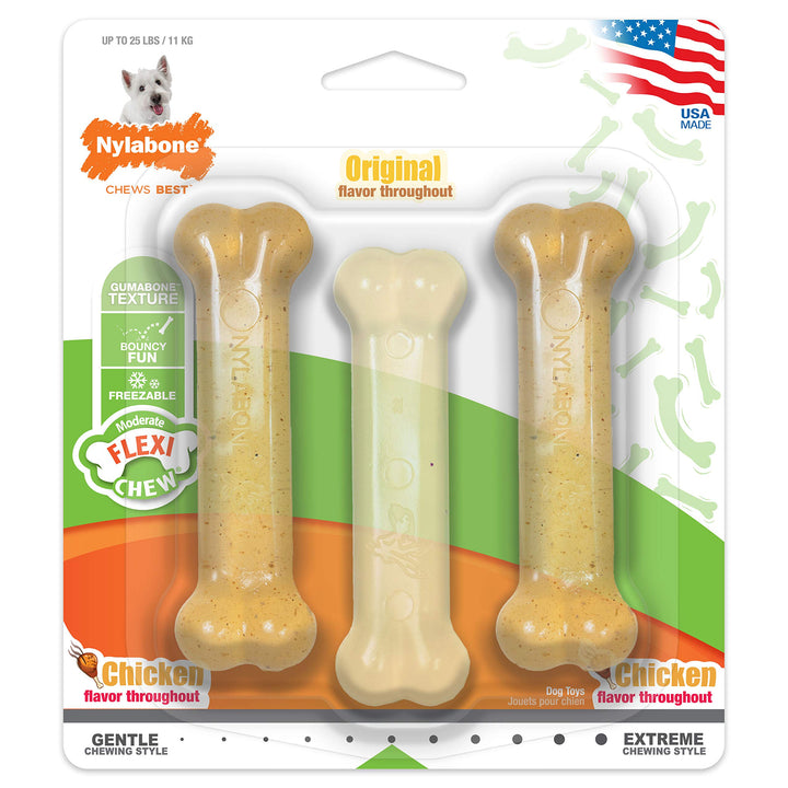 Original Bone Flexi Chew toy for Dogs, Dog Toys for Moderate Chewers, Chicken Flavor, Small - Up to 25 Ibs, 3 Pack
