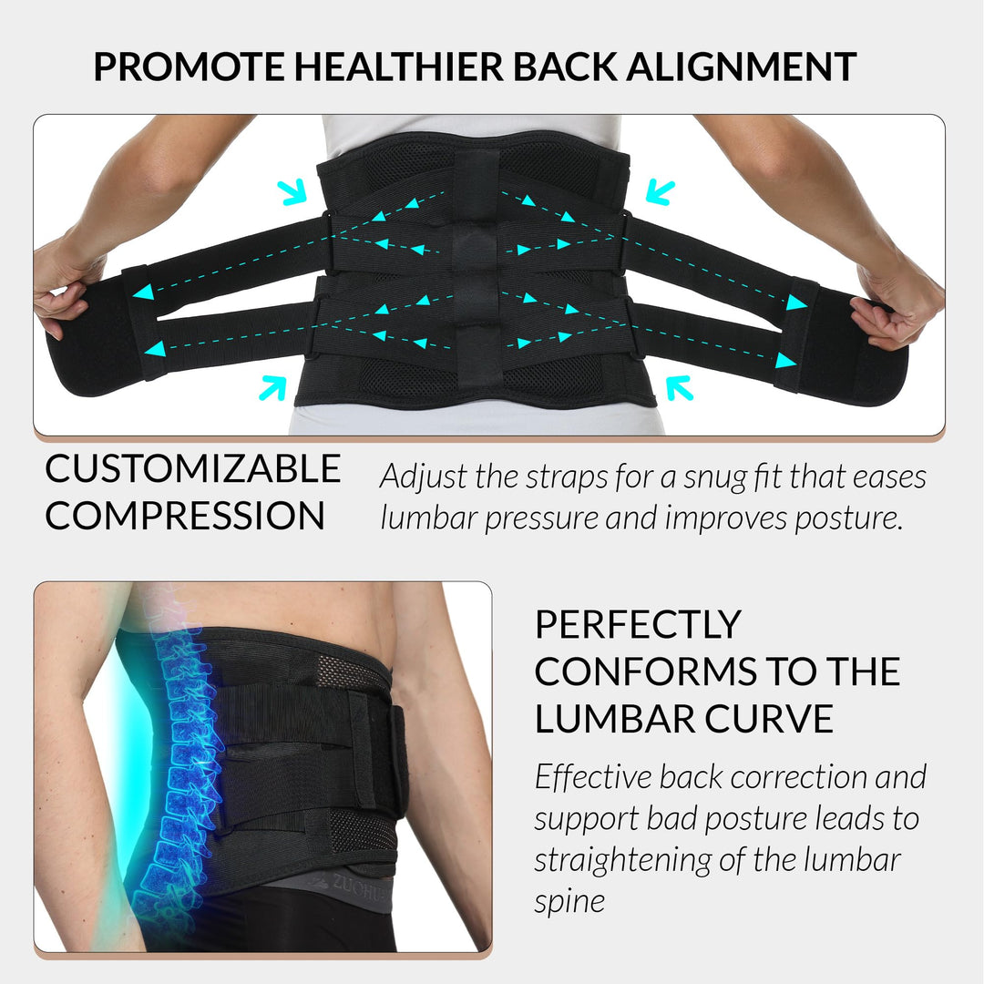 Adjustable Double Pull Lumbar Brace/Lower Back Belt (Black, Size XL)