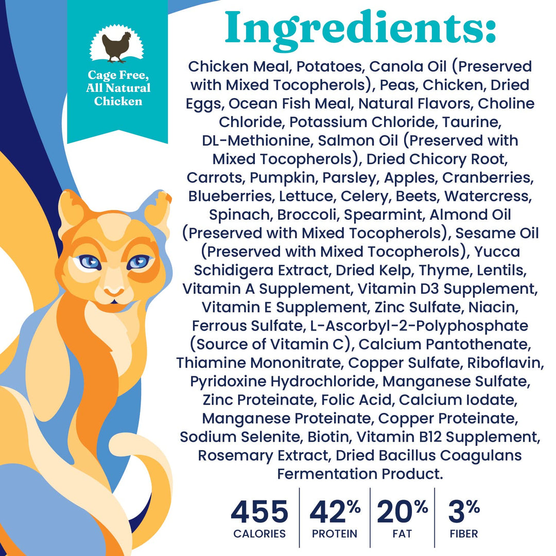 High Protein Dry Cat Food - Indigo Moon Made with Digestive Probiotics for Cats - Grain & Gluten Free with High Fiber & Omega 3 - Low Carb Superfood Meal - Chicken - 3lb