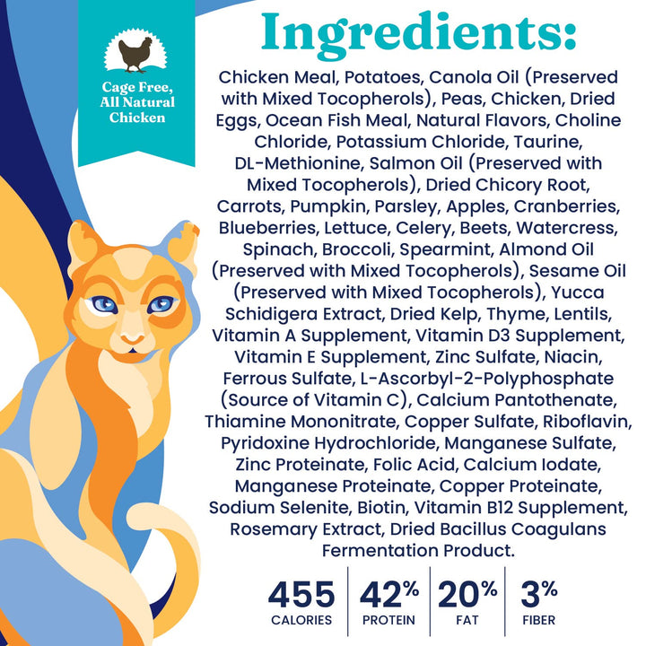 High Protein Dry Cat Food - Indigo Moon Made with Digestive Probiotics for Cats - Grain & Gluten Free with High Fiber & Omega 3 - Low Carb Superfood Meal - Chicken - 3lb