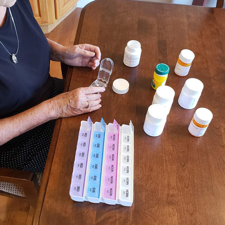 Carex Pill Organizer and Pill Cutter Combo Kit - Weekly Medicine Organizer Pill Case with Pill Crusher - 7 Day Pill Organizer and Pill Cutter for Easy Storage and Consumption