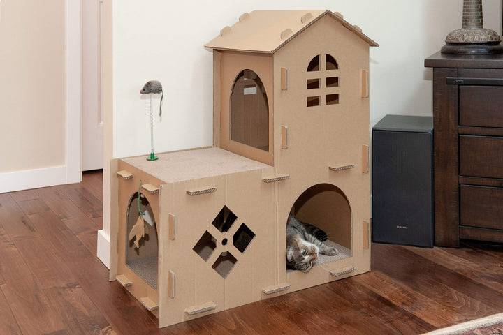 Multi-Level Cardboard Cat House w/ Catnip for Indoor Cats, Ft. Scratching Pads & Toys - Farmhouse Corrugated Cat Scratcher Hideout - Cardboard Brown, One Size