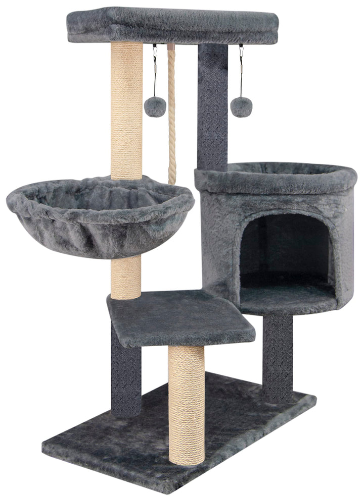 YOUPET 35'' Fashion Design Cat Tree with Cat Condo and Scratching Ramp for Indoor Cats, Activity Center Cat Furniture with Cozy Hammock and Hanging Balls, Grey