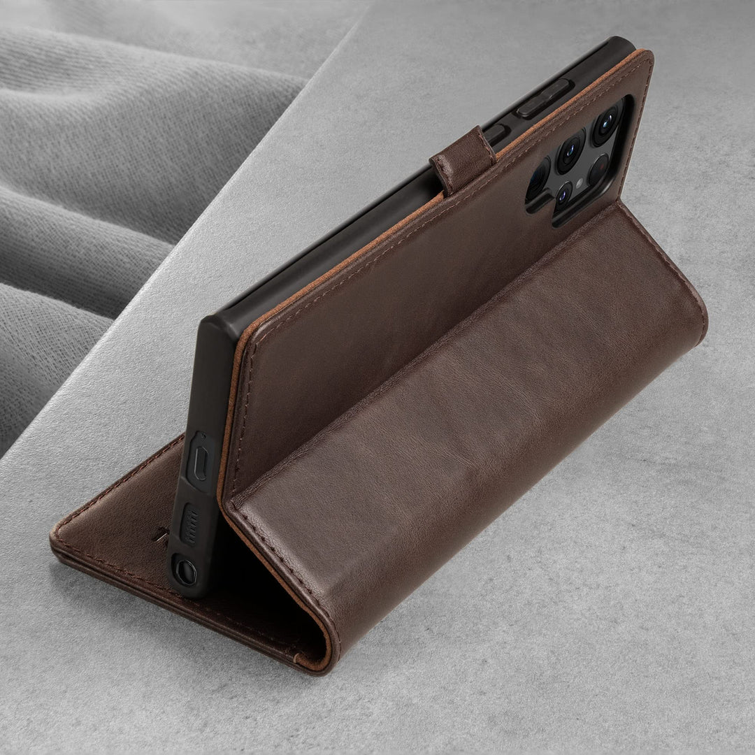 Case Compatible with Samsung Galaxy S22 Ultra 5G – Premium Leather Wallet Case with Kickstand and Card Slots (Dark Brown)