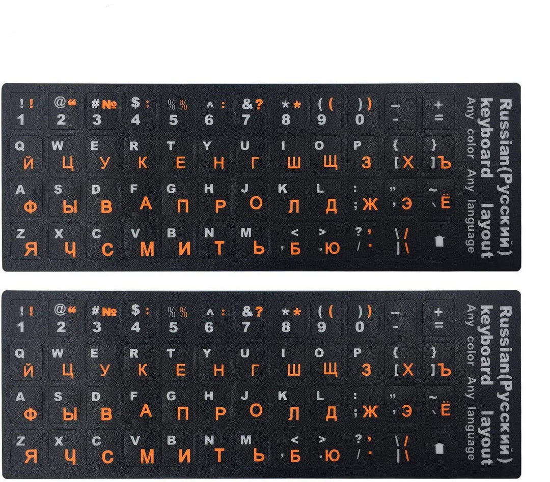 2PCS Universal Russian-English Keyboard Stickers, Matte Replacement Russian Keyboard Stickers with Orange Letters on a Black Background for Laptops and Desktops, Keyboard Alphabet Stickers