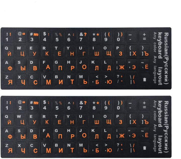 2PCS Universal Russian-English Keyboard Stickers, Matte Replacement Russian Keyboard Stickers with Orange Letters on a Black Background for Laptops and Desktops, Keyboard Alphabet Stickers