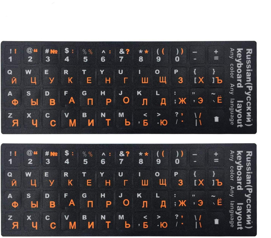2PCS Universal Russian-English Keyboard Stickers, Matte Replacement Russian Keyboard Stickers with Orange Letters on a Black Background for Laptops and Desktops, Keyboard Alphabet Stickers