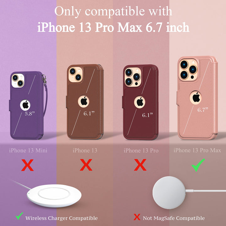 iPhone 13 Pro Max Wallet Case - Slim, Durable Floral Charm Flip Cover with Card Holder & Wristlet