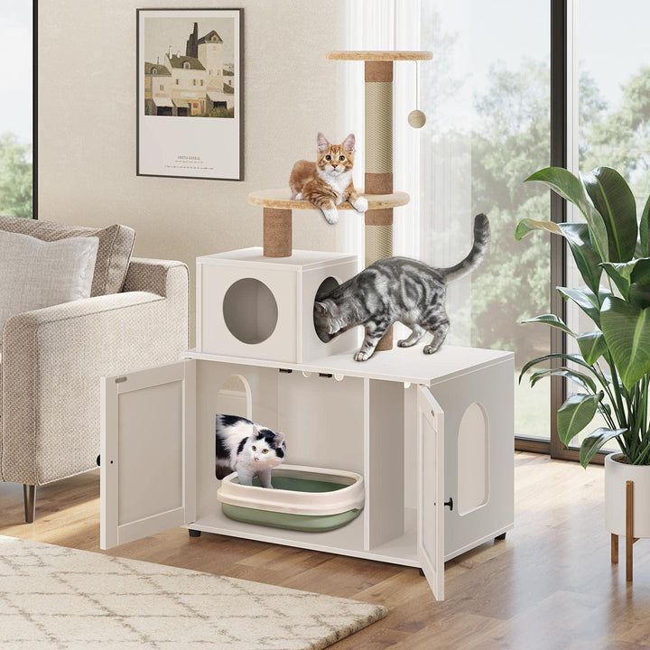 Cat Litter Box Enclosure, Large Litter Box Furniture with Cat Tree Tower and Condo, Cat House with Sisal Scratching Post and Soft Plush Perch, White