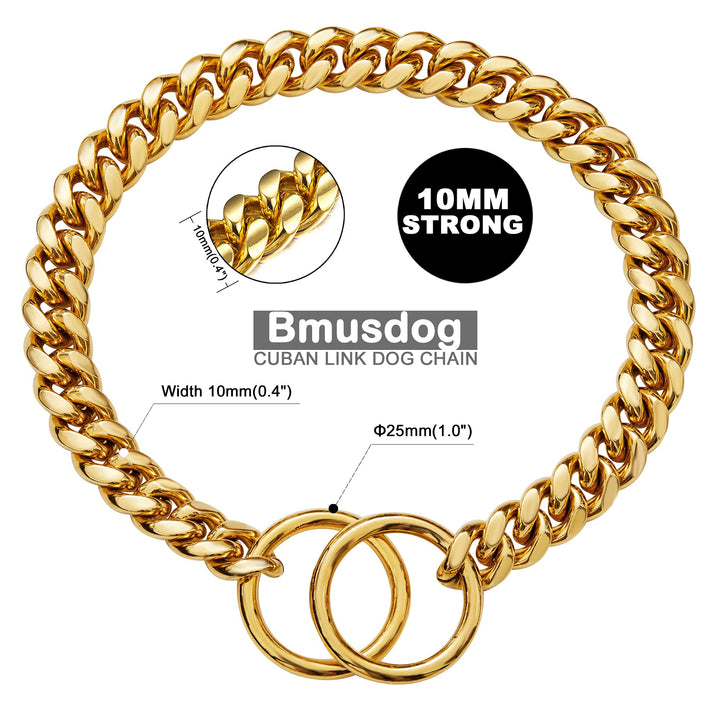 Dog Chain Collar Collar Gold 10MM Cuban Link Dog Collar Stainless Steel Metal Silp Chain Collar Heavy Duty Chew Proof Walking (14)