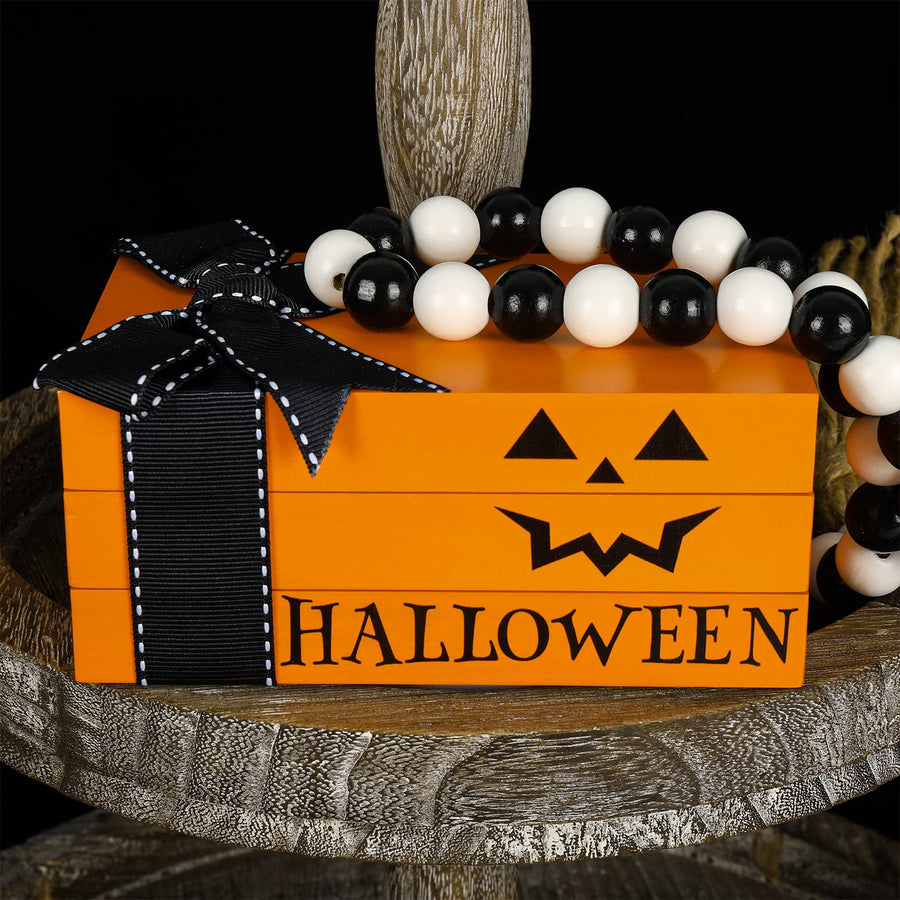 Halloween Wooden Book Stack Pumpkin Wooden Block Signs with Bead Ornament Halloween Wooden Faux Books Tiered Tray Decor for Home Kitchen Shelf Tabletop Display Halloween Party Decorations