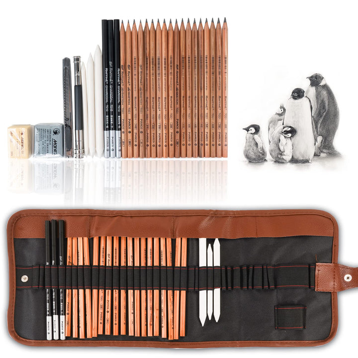 29 Pieces Professional Sketching & Drawing Art Tool Kit With Graphite Pencils, Charcoal Pencils, Paper Erasable Pen, Craft Knife-Lightwish (without Sketchbook, with Canvas Rolling Pouch)…