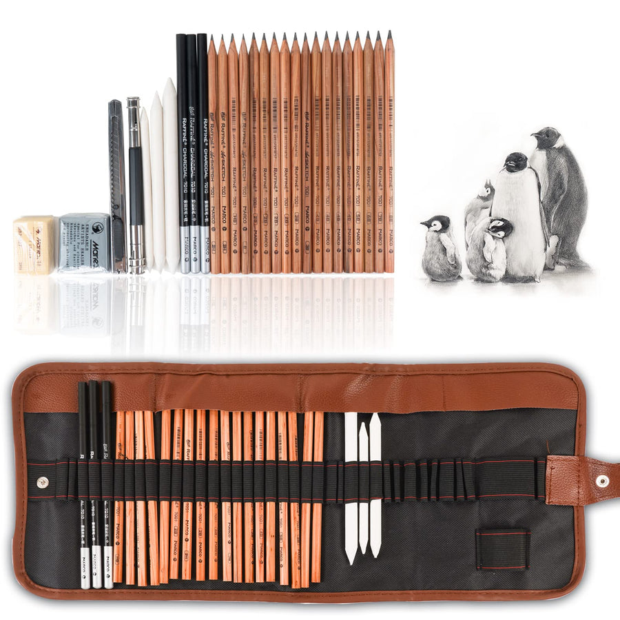 29 Pieces Professional Sketching & Drawing Art Tool Kit With Graphite Pencils, Charcoal Pencils, Paper Erasable Pen, Craft Knife-Lightwish (without Sketchbook, with Canvas Rolling Pouch)…