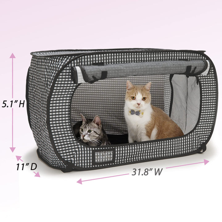 Necoichi Stress-Free Enclosure Cat Travel Carrier Cage 31.8 L x 20.0 W x 20.0 H with Litter Box Set Collapsible Gray White Stripes | Pop up Kannel, Crates