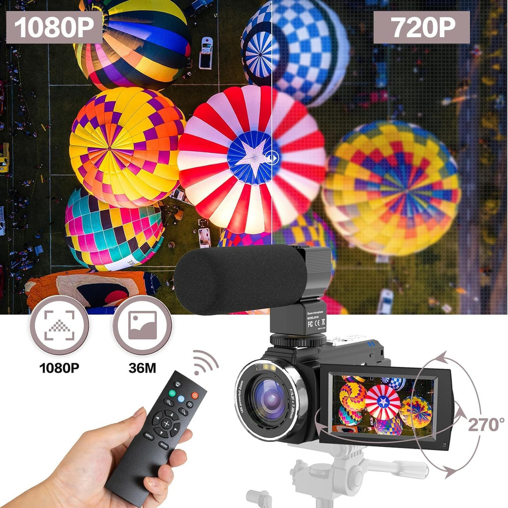 Video Camera Camcorder, Full HD 30FPS 36MP 16X Digital Zoom Digital Camera,IR Night Vision Vlogging Camera, YouTube Camera with External Microphone, Lens Hood, Stabilizer, Remote Control