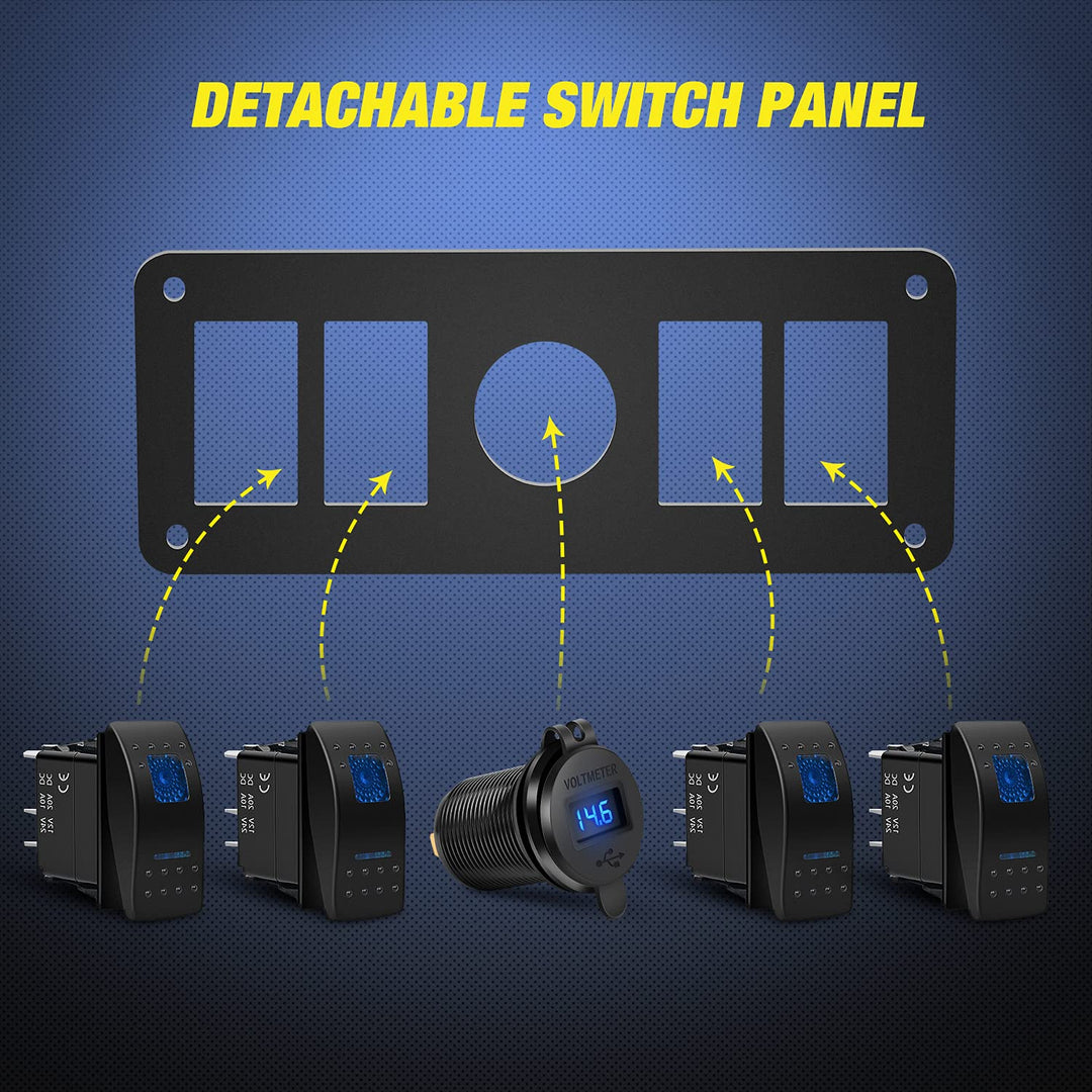 4 Gang Rocker Switch Panel with USB Charger Voltmeter Waterproof 12V-24V DC Rocker Switch with QC3.0 Dual USB Charger and Night Glow Stickers for Cars Trucks Boats RV