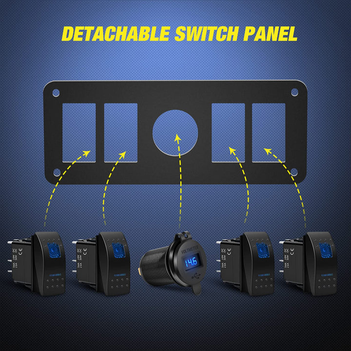 4 Gang Rocker Switch Panel with USB Charger Voltmeter Waterproof 12V-24V DC Rocker Switch with QC3.0 Dual USB Charger and Night Glow Stickers for Cars Trucks Boats RV