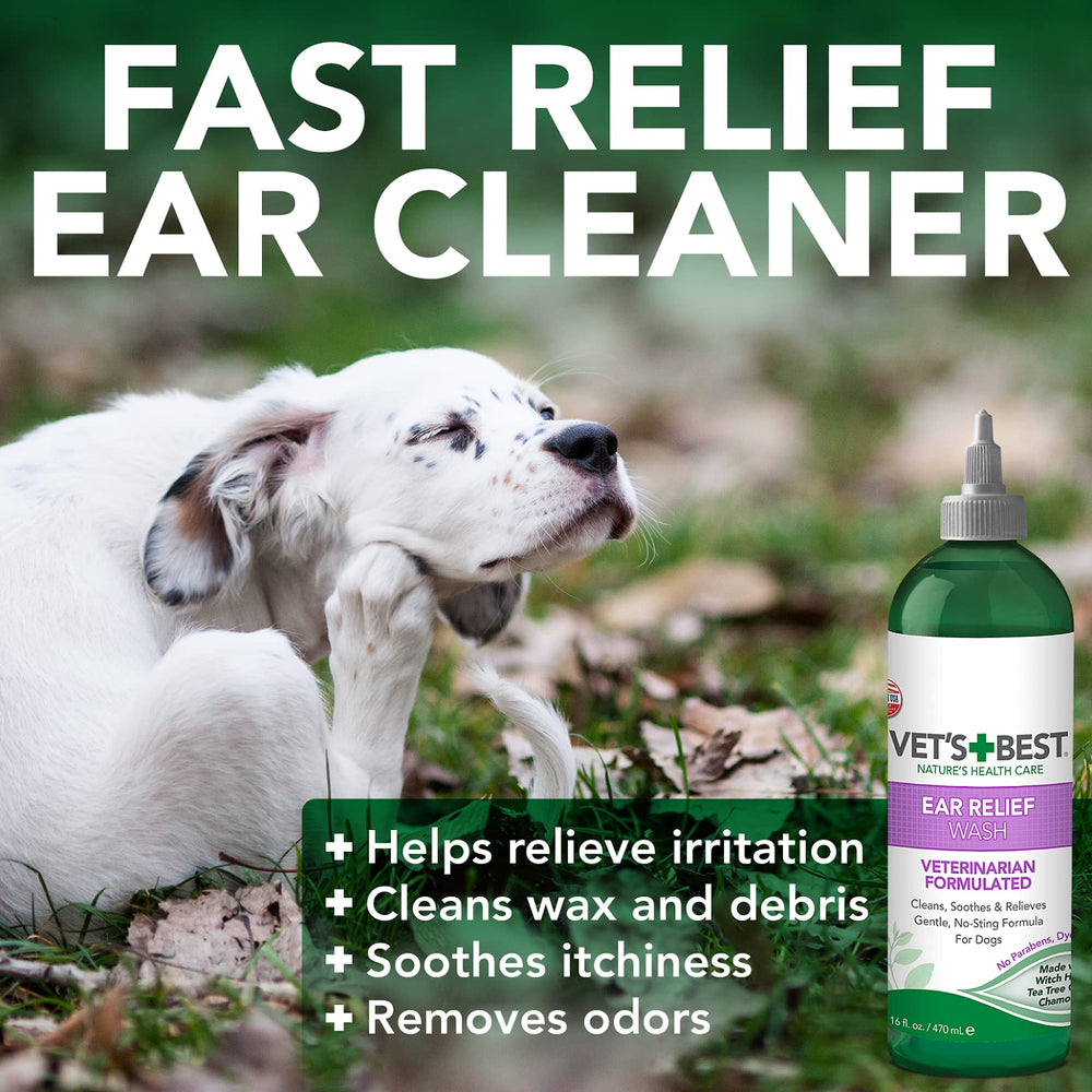 Dog Ear Relief Wash - Alcohol-Free No-Sting Formula - Controls Odors & Itching - Cleans Wax & Debris - 16 Ounces