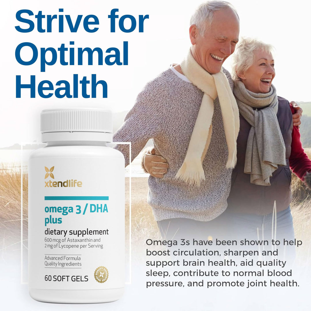 Omega 3 DHA Plus Fish Oil Supplement - 1100mg Omega-3 with DHA and EPA - Includes Lycopene and Astaxanthin to Support Heart, Brain, Eye, and Skin - 1 Month Supply (60 Count)