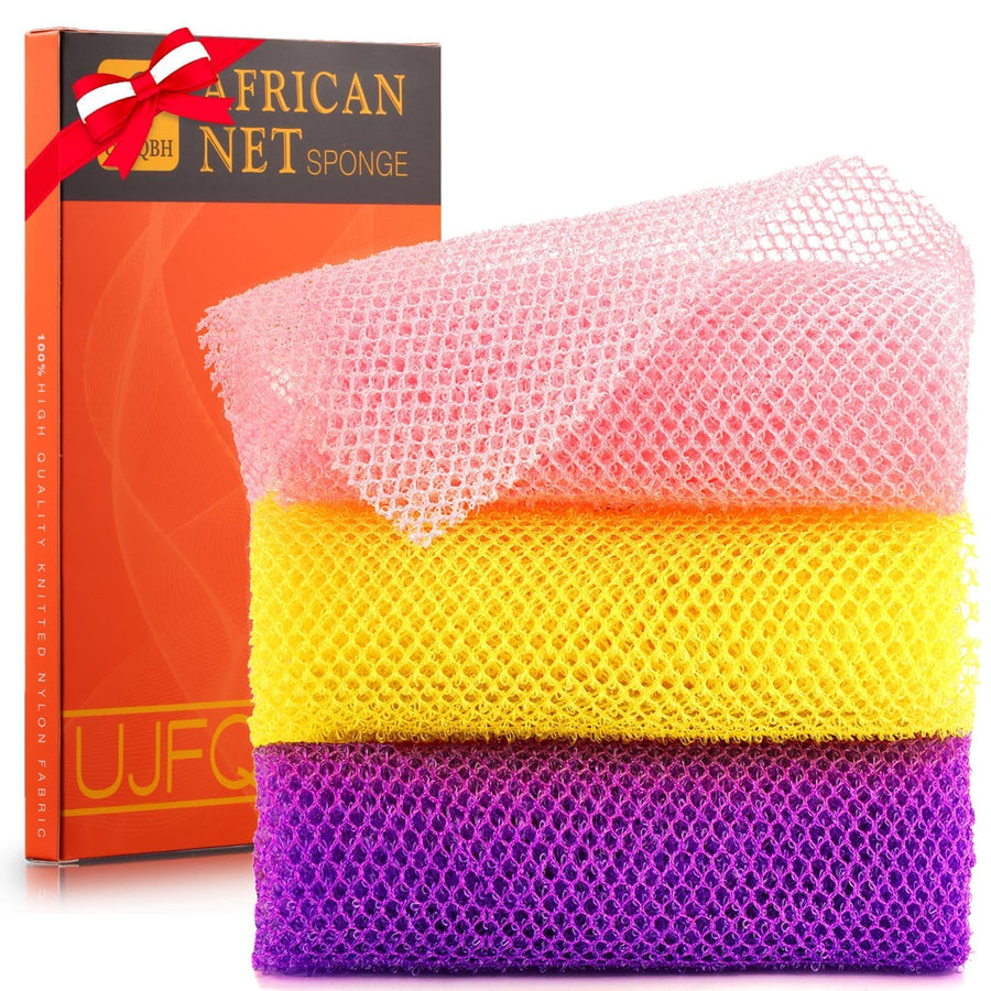 3 Pieces African Bath Sponge African Net Long Net Bath Sponge Exfoliating Shower Body Scrubber Back Scrubber Skin Smoother,Great for Daily Use (Pink,Yellow,Purple)