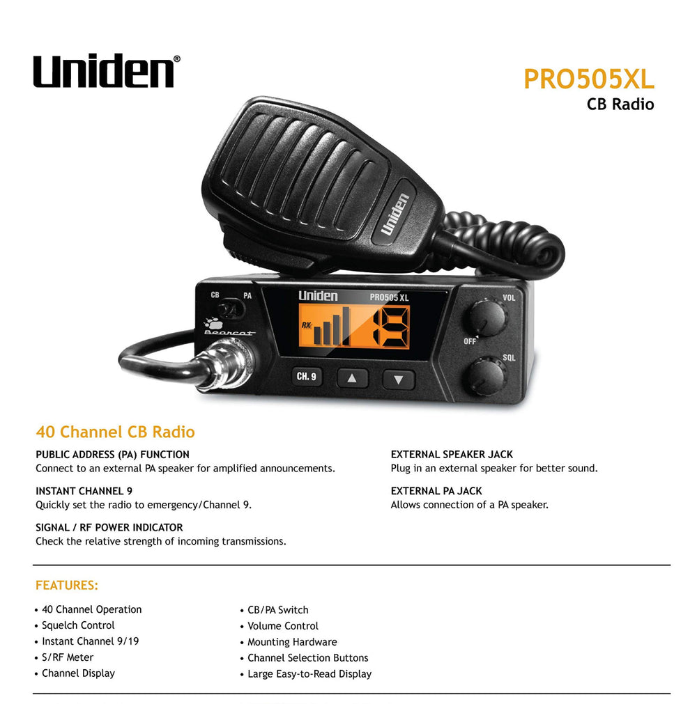 PRO505XL 40-Channel CB Radio. Pro-Series, Compact Design. Public Address (PA) Function. Instant Emergency Channel 9, External Speaker Jack, Large Easy to Read Display. - Black