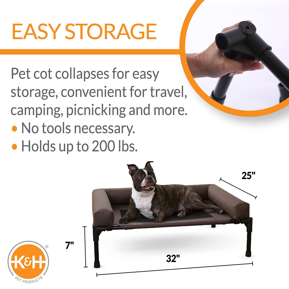 Bolster Dog Cot, Cooling Indoor Outdoor Elevated Cot Hammock Dog Bed with Removable Washable Bolsters, Washable Mesh Cover, Raised Metal Frame - Medium 32 X 25in Chocolate