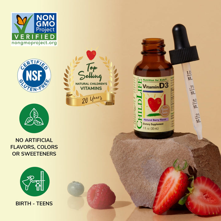 1 : Child Life Vitamin D3, Berry Flavor, Glass Bottle, 1 Ounce