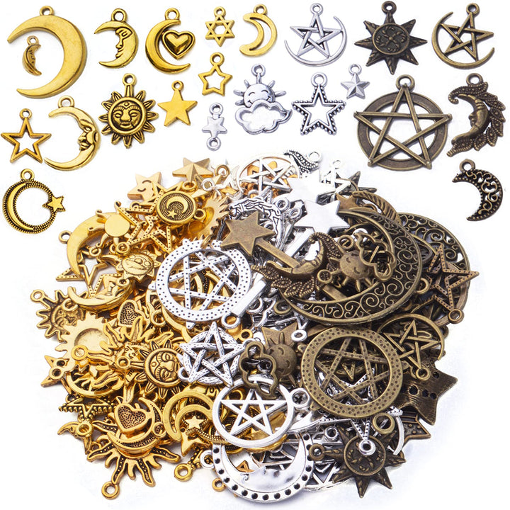 Celestial Charms,132pcs Mixed Sun Moon Star Charms Pentagram Charms Alloy Jewelry Pendant Charms for DIY Earrings Necklace Bracelet Jewelry Craft Making Accessory