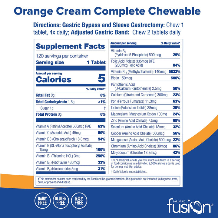Orange Cream Flavored Complete Chewable Bariatric Multivitamin with Iron for Bariatric Surgery Patients Including Gastric Bypass and Sleeve Gastrectomy - 120 Tablets