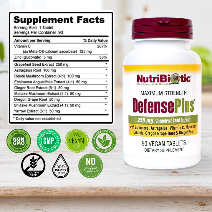 – DefensePlus, 90 Tablets - 11 in 1 Immune Support with Vitamin C, Zinc, Grapefruit Seed Extract, Echinacea, Astragalus Root & Immune Boosting Extracts & Mushrooms - Vegan & Gluten Free