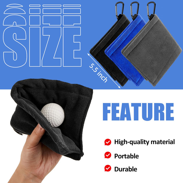 3 Pieces Golf Ball Towel 5.5 x 5.5 Inch, Small Golf Pocket Towel with Clip Portable Golf Cleaner Accessories for Men Women (Black,Grey,Blue)
