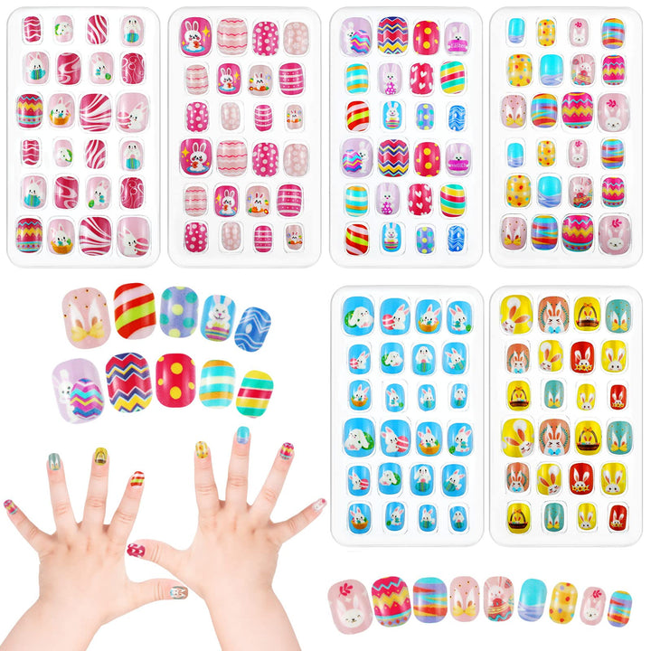 144 Pieces 6 Boxes Kids Easter False Nails Press on Pre Glue Full Cover Children Short Fake Nails False Fingernails for Easter Holiday Girls Nail Art Decoration (Animal Series)