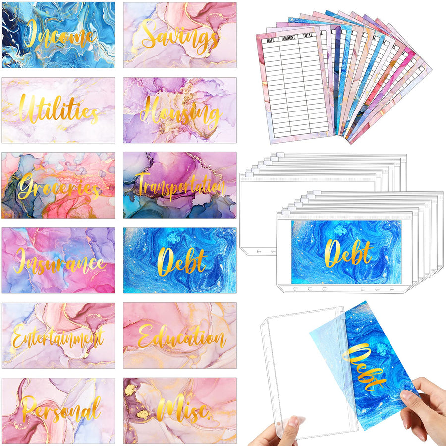 24 Pieces Budget Sheets Expense Tracker Sheets Budget Cash Envelopes A6 Pockets Binder Zipper Folders Money Organizer System (Pink Style)