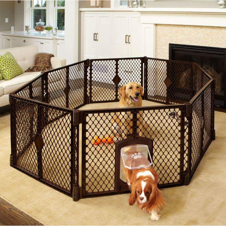 North States MyPet Petyard Passage: 6.5 Ft. Wide Customizable Folding Dog Playpen Indoor/Outdoor. Made in USA. 8-panel Puppy Playpen, Lockable Pet Door. Freestanding Play Pen Dog Gate 26 Tall, Brown