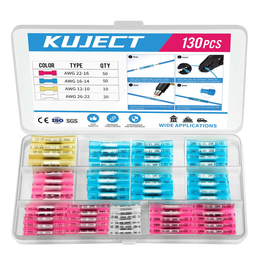 130PCS Heat Shrink Butt Connectors, 4 Sizes Insulated Waterproof Wire Connector kit, Tinned Copper Electrical Crimp Connectors for Automotive Marine Boat Truck Stereo Joint