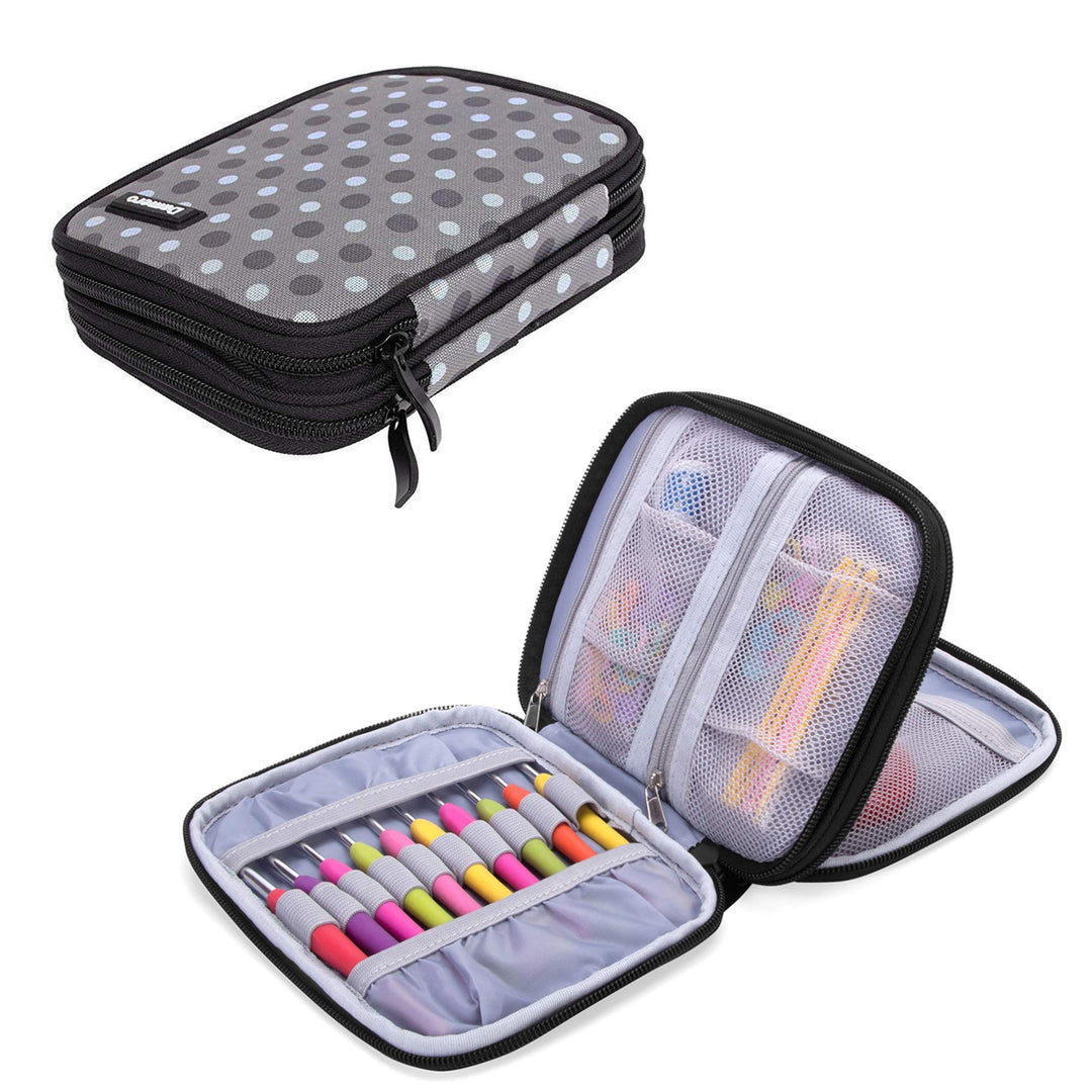 Crochet Hook Case, Organizer Zipper Bag with Web Pockets for Various Crochet Needles and Knitting Accessories, Well Made and Easy to Carry, Medium, Gray Dots (No Accessories Included)