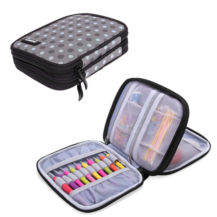Crochet Hook Case, Organizer Zipper Bag with Web Pockets for Various Crochet Needles and Knitting Accessories, Well Made and Easy to Carry, Medium, Gray Dots (No Accessories Included)