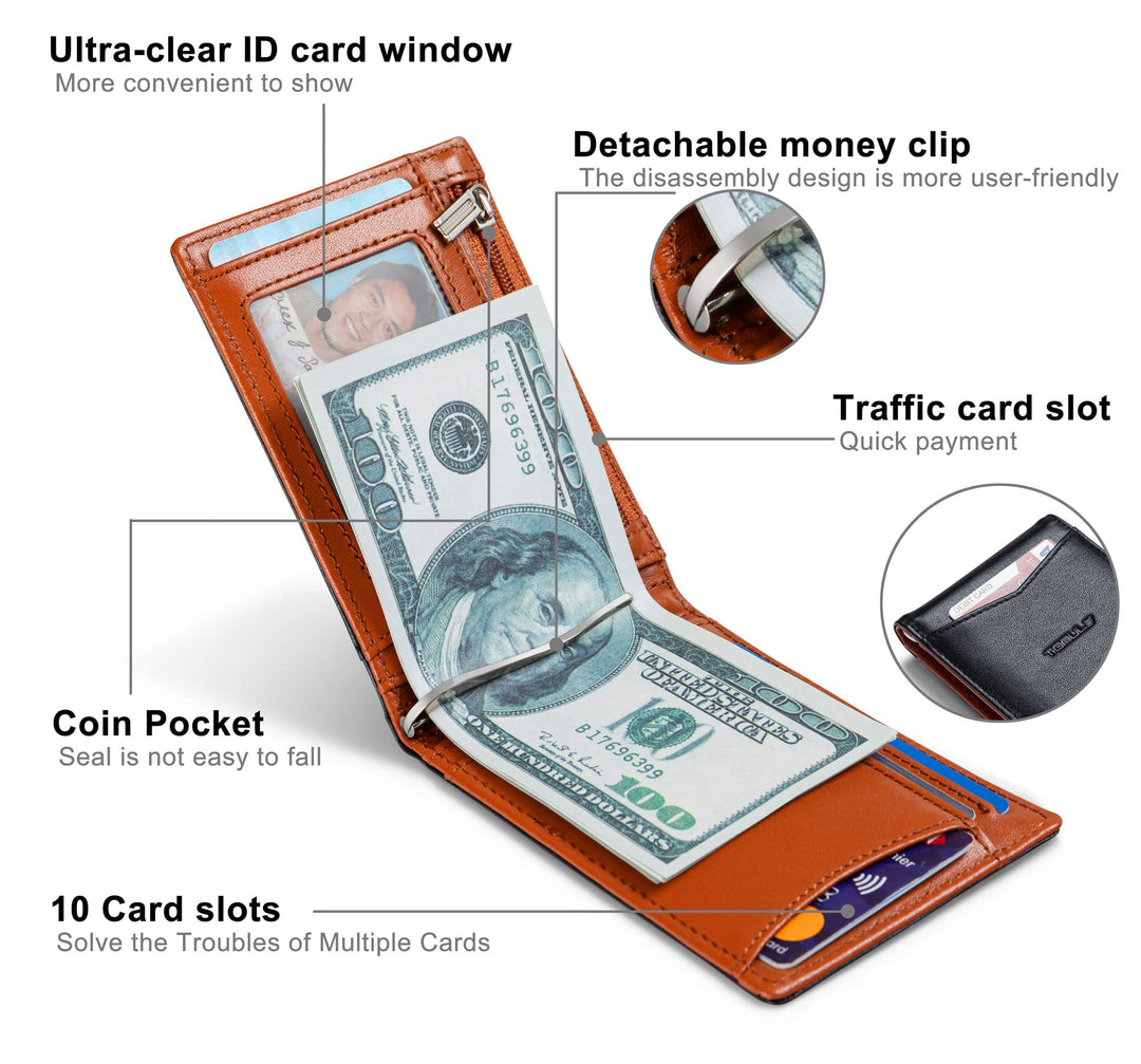 Mens Leather Wallets Slim Minimalist Wallet Bifold Front Pocket Wallet with Money Clip Wallet RFID Blocking Card Wallet for Men Thin Small Wallet with Coin Pocket ID Window (Black&Orange)