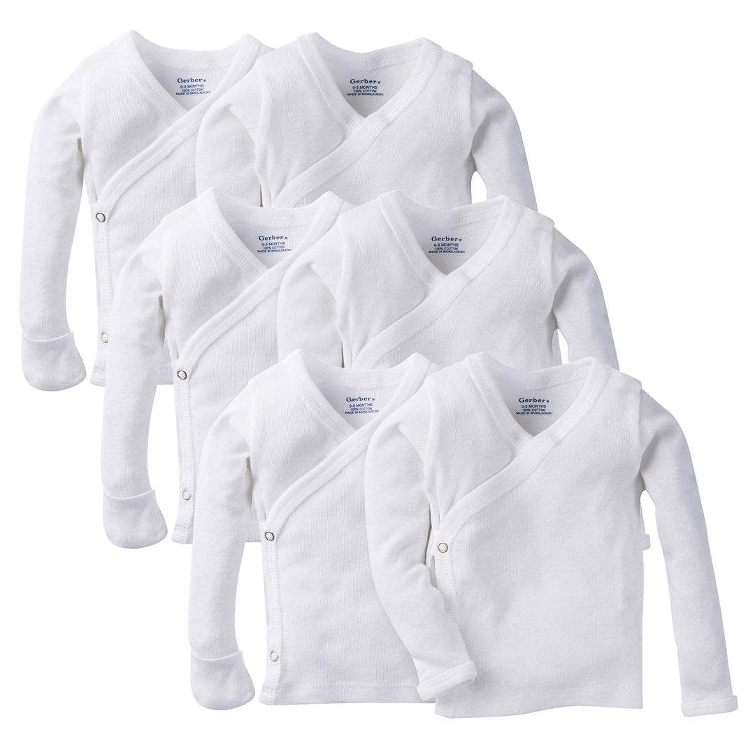 Baby 6-Pack Long-Sleeve Side-Snap Mitten-Cuff Shirt, White, 0-3 Months